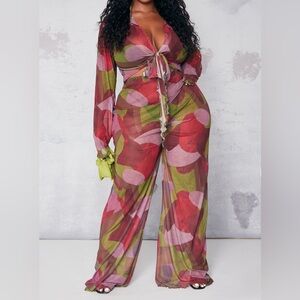 Plus size two piece mesh wide leg pant set